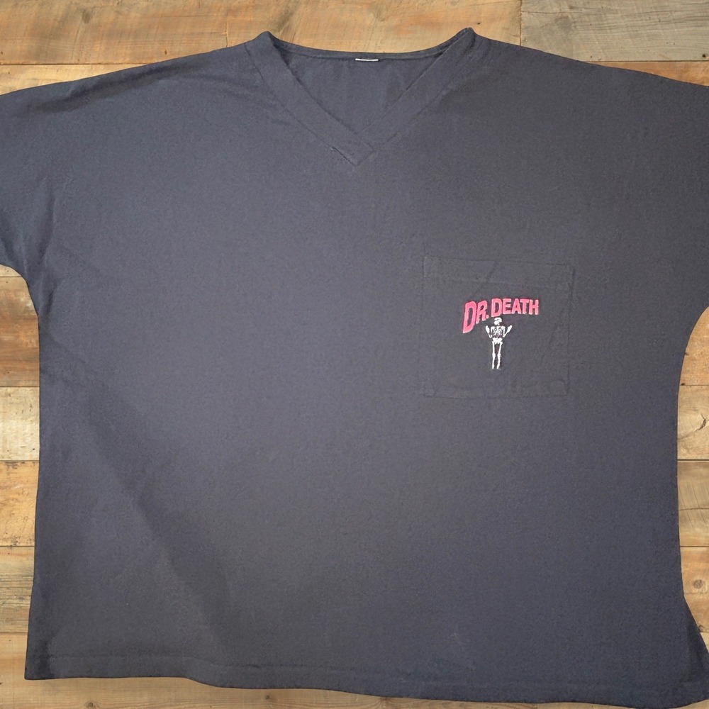 Vintage‎ Dr Death Skeleton Pocket T-Shirt Black V-Neck XL 90s Graphic